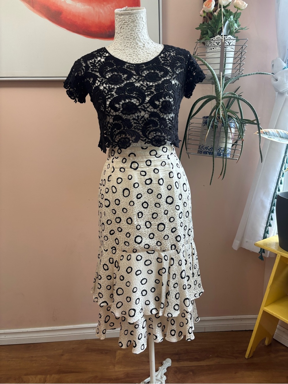 Vintage Polka Dot Tiered Midi Skirt in Cream & Black Silk